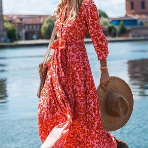 Last 1! NWT Stylish Red Print Tie Waist Maxi Dress